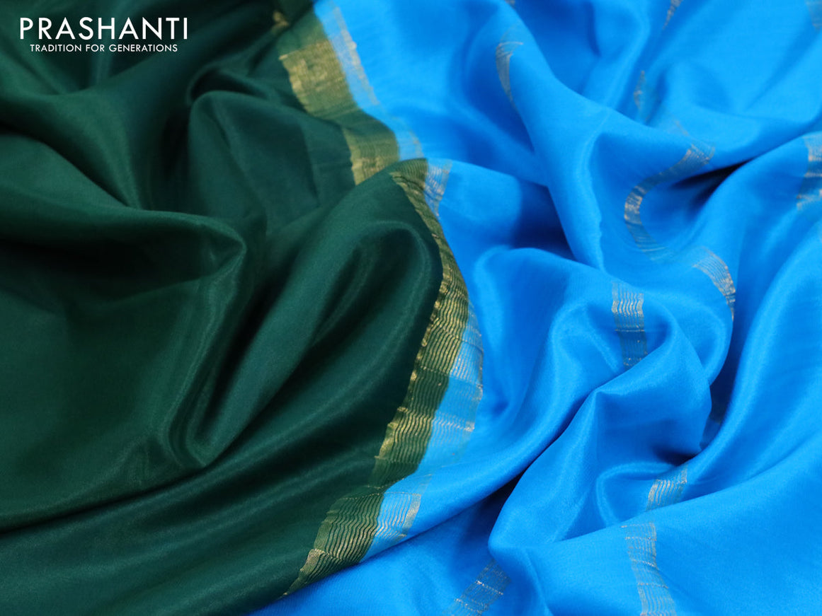 Pure mysore crepe silk saree bottle green and cs blue with plain body and zari woven border