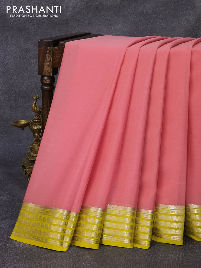 Pure mysore crepe silk saree peach pink and mustard yellow with plain body and floral zari woven border