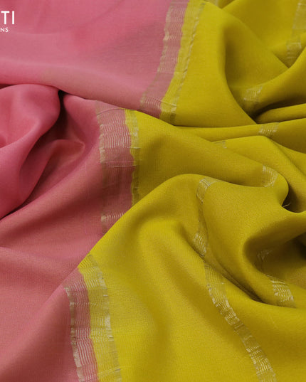Pure mysore crepe silk saree peach pink and mustard yellow with plain body and floral zari woven border