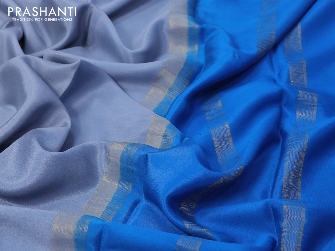 Pure mysore crepe silk saree grey and blue with plain body and zari woven border