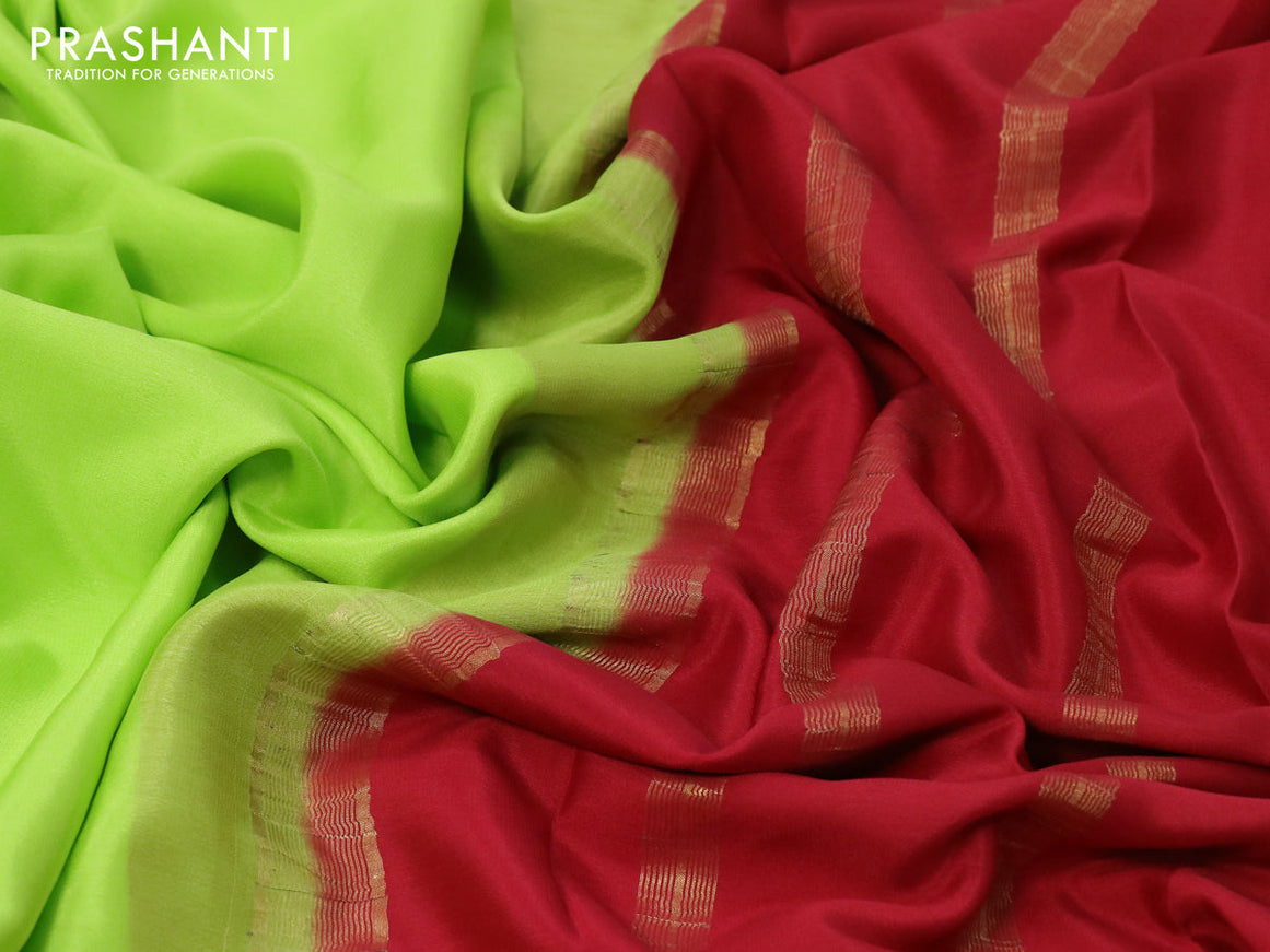 Pure mysore crepe silk saree fluorescent green and red with plain body and zari woven border