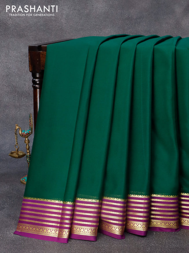 Pure mysore crepe silk saree dark green and purple with plain body and zari woven border