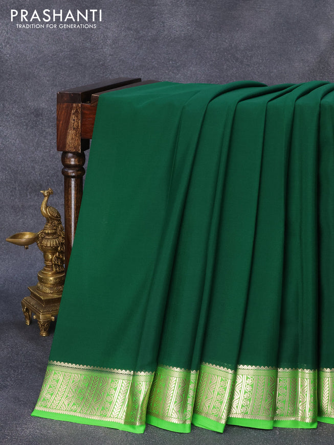 Pure mysore crepe silk saree dark green and parrot green with plain body and zari woven border