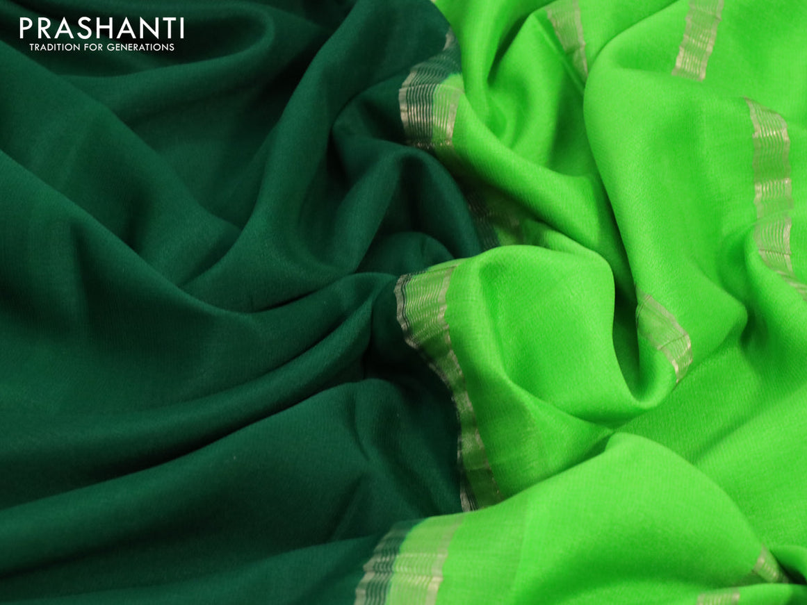 Pure mysore crepe silk saree dark green and parrot green with plain body and zari woven border