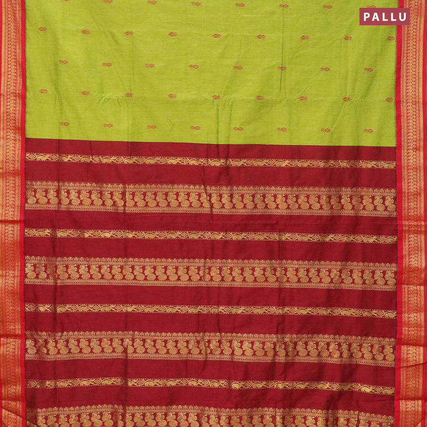 Kalyani cotton saree light green and red with thread woven buttas and peacock zari woven border