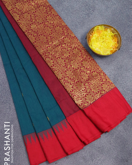 Kalyani cotton saree peacock green and red with zari woven leaf buttas and temple woven simple border