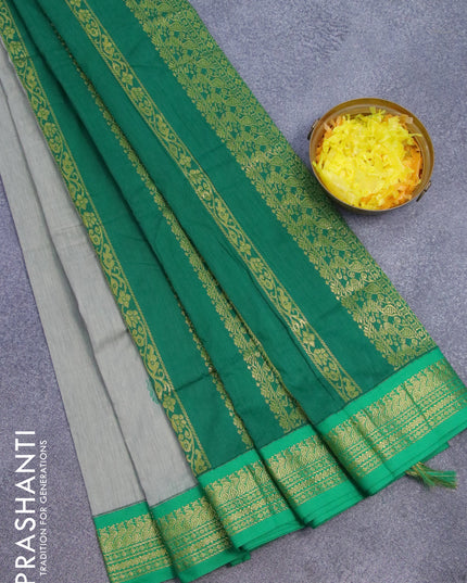 Kalyani cotton saree grey and green with thread woven buttas and peacock zari woven border