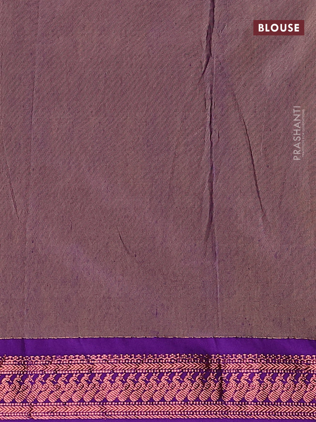 Kalyani cotton saree orange and violet with thread woven buttas and peacock copper zari woven border