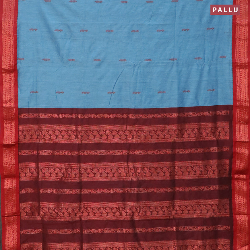 Kalyani cotton saree blue shade and maroon with thread woven buttas and peacocck copper zari woven border