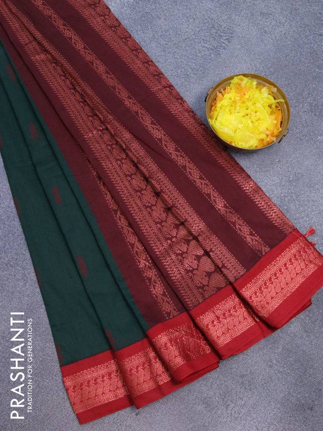 Kalyani cotton saree bottle green and maroon with thread woven buttas and peacocck copper zari woven border