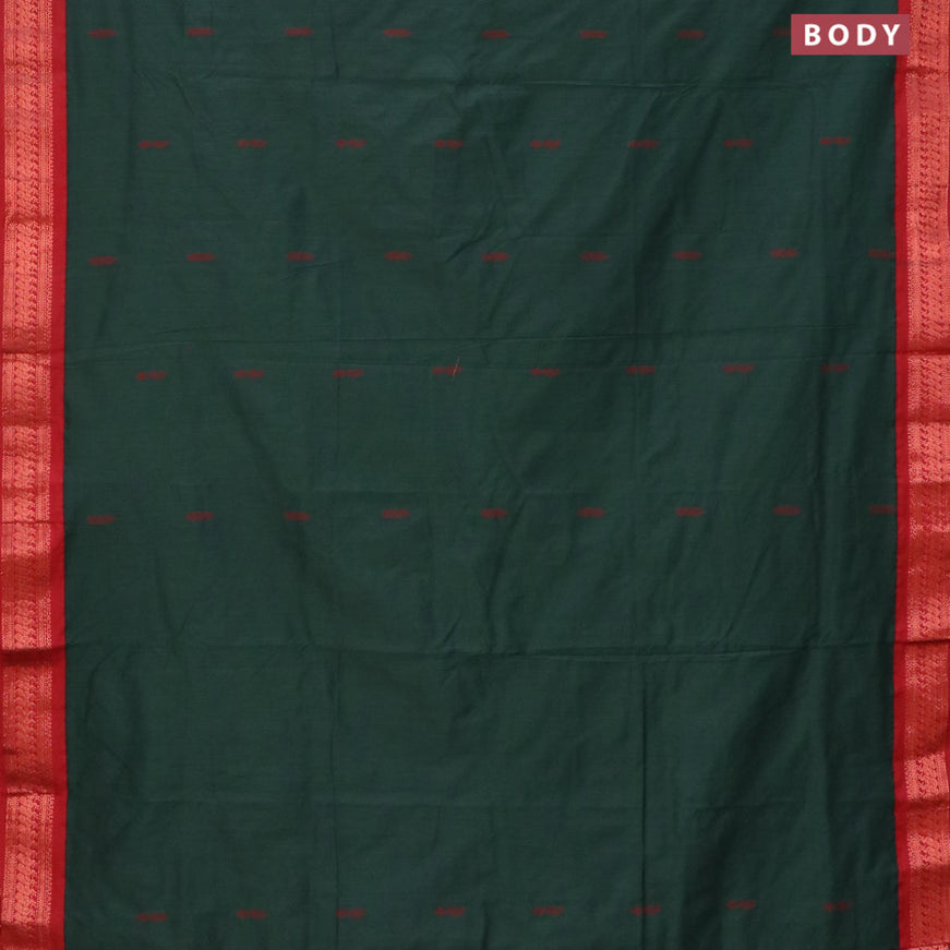 Kalyani cotton saree bottle green and maroon with thread woven buttas and peacocck copper zari woven border