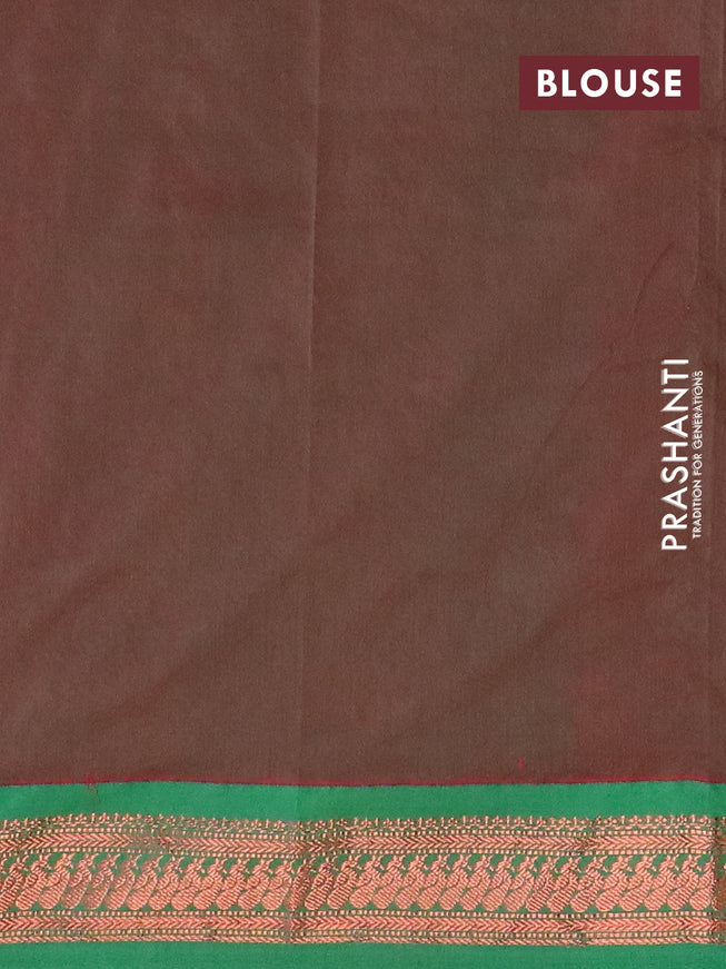 Kalyani cotton saree pink and green with thread woven buttas and peacocck copper zari woven border