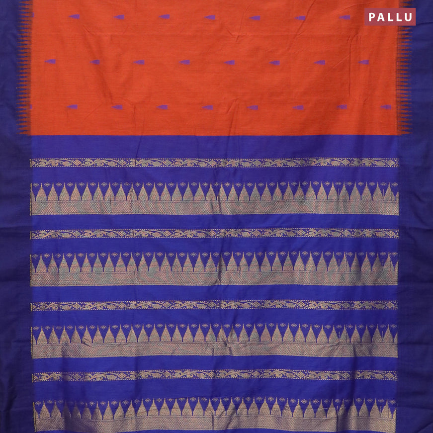 Kalyani cotton saree rustic orange and navy blue with thread woven temple buttas and temple woven simple border