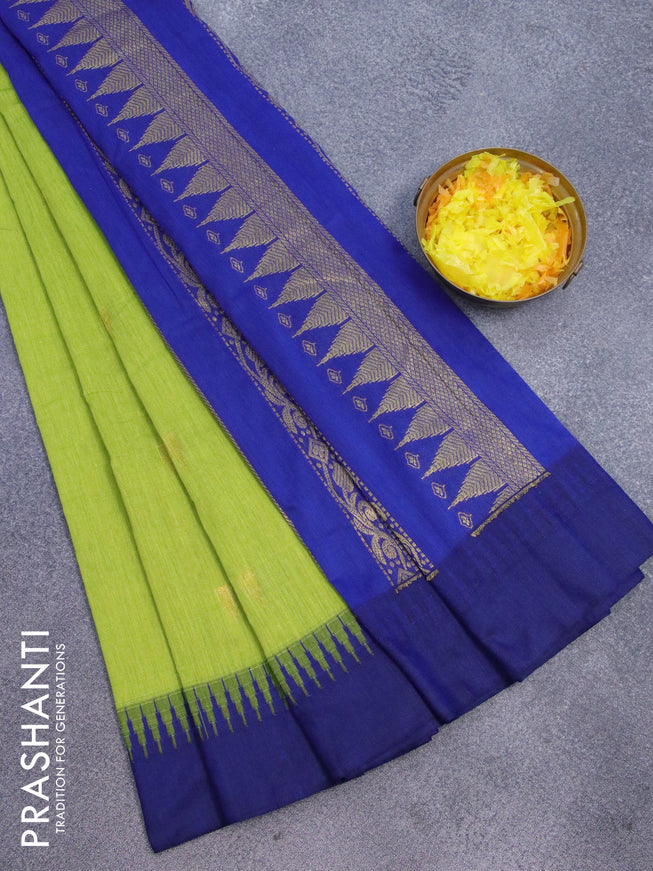 Kalyani cotton saree light green and navy blue with temple zari woven buttas and temple woven simple border
