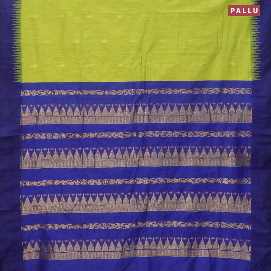 Kalyani cotton saree light green and navy blue with temple zari woven buttas and temple woven simple border