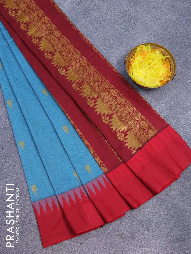 Kalyani cotton saree blue shade and red with temple zari woven buttas and temple woven simple border