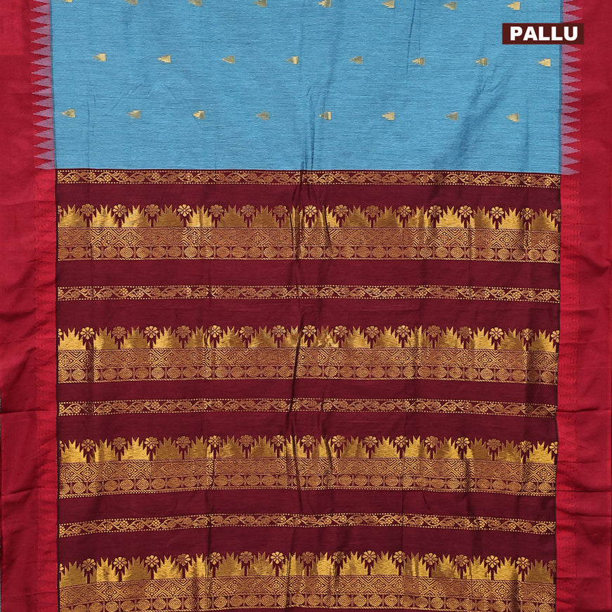 Kalyani cotton saree blue shade and red with temple zari woven buttas and temple woven simple border