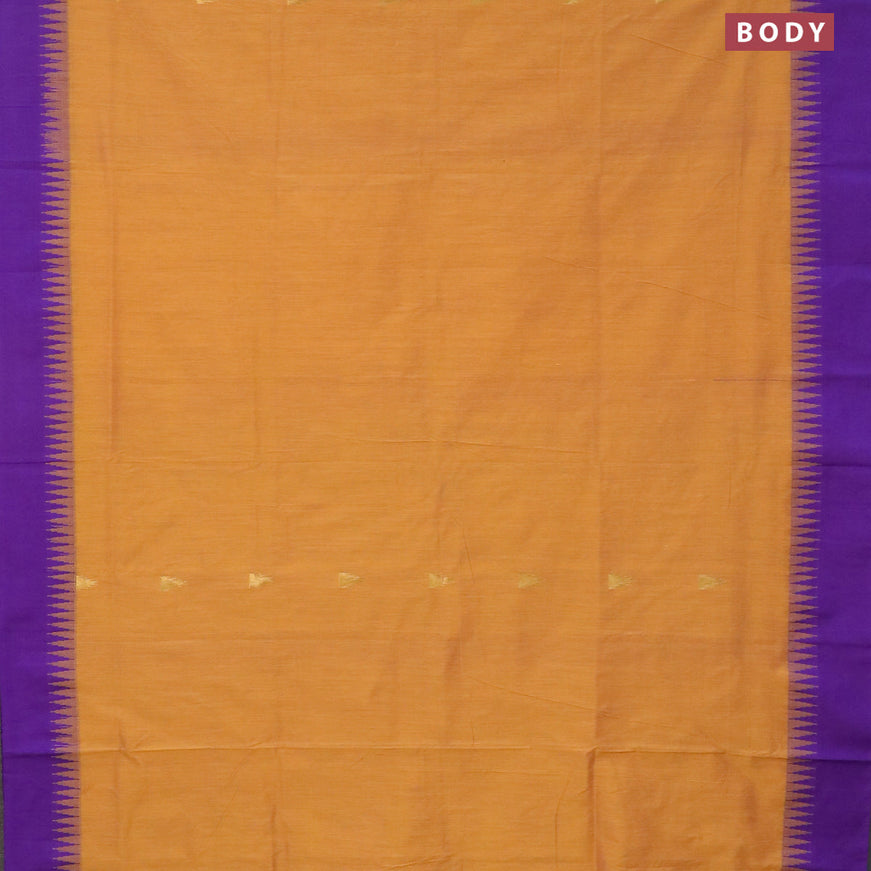 Kalyani cotton saree mango yellow and violet with temple zari woven buttas and temple woven simple border