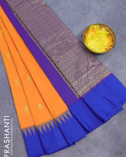 Kalyani cotton saree mango yellow and blue with temple zari woven buttas and temple woven simple border