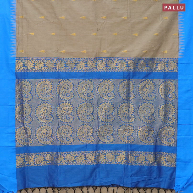 Kalyani cotton saree grey shade and blue with temple zari woven buttas and temple woven simple border