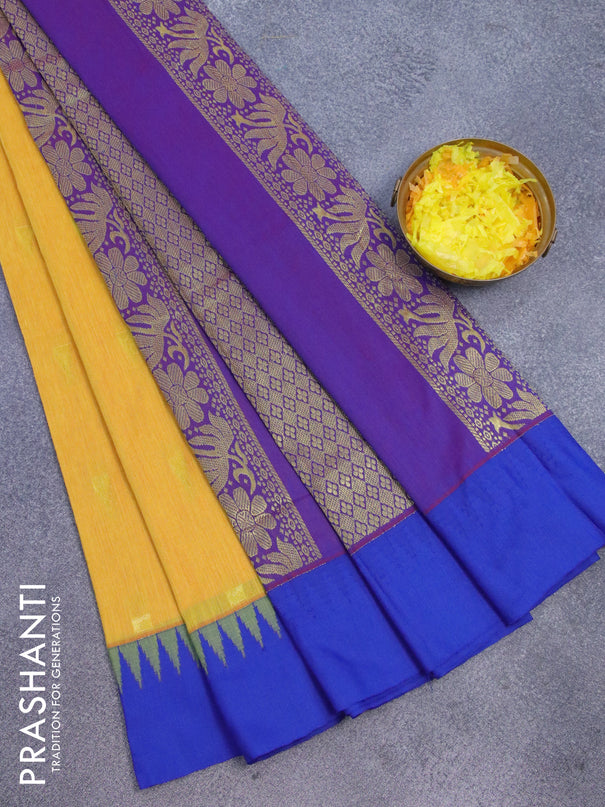 Kalyani cotton saree dual shade of yellow and blue with temple zari woven buttas and temple woven simple border