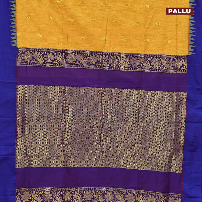 Kalyani cotton saree dual shade of yellow and blue with temple zari woven buttas and temple woven simple border