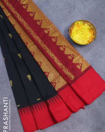 Kalyani cotton saree black and red with temple zari woven buttas and temple woven simple border