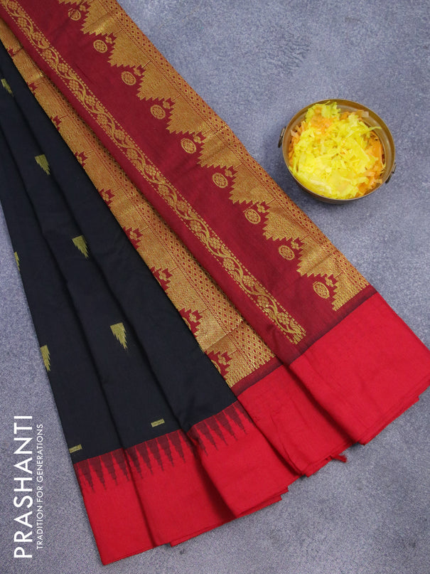 Kalyani cotton saree black and red with temple zari woven buttas and temple woven simple border