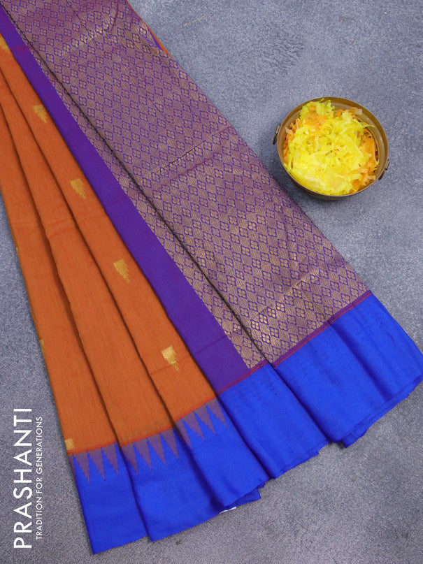 Kalyani cotton saree sunset orange and royal blue with temple zari woven buttas and temple woven simple border