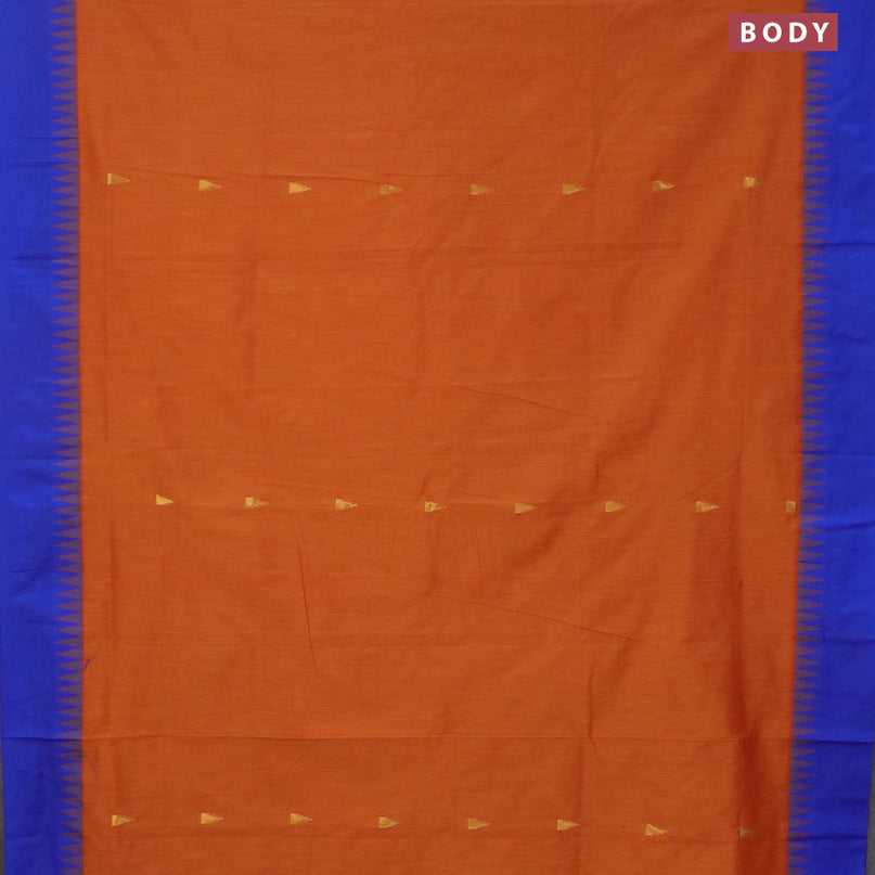 Kalyani cotton saree sunset orange and royal blue with temple zari woven buttas and temple woven simple border