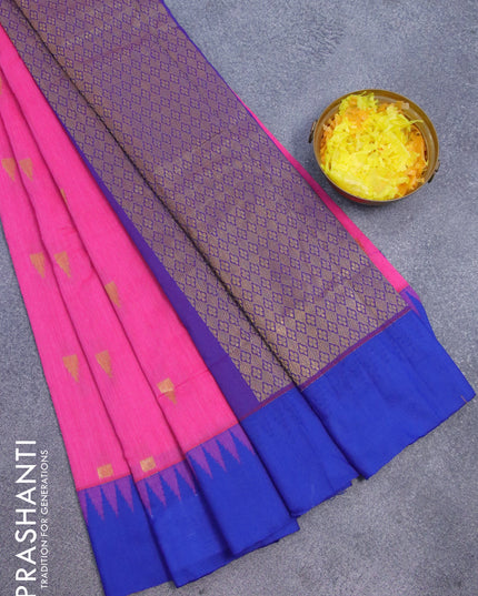 Kalyani cotton saree pink and blue with temple zari woven buttas and temple woven simple border