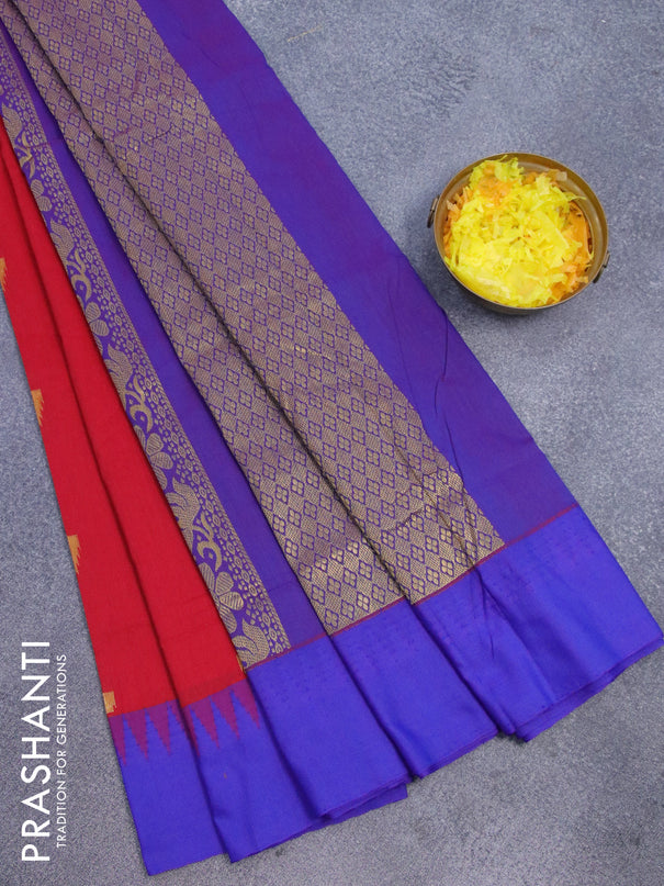 Kalyani cotton saree red and blue with temple zari woven buttas and temple woven simple border