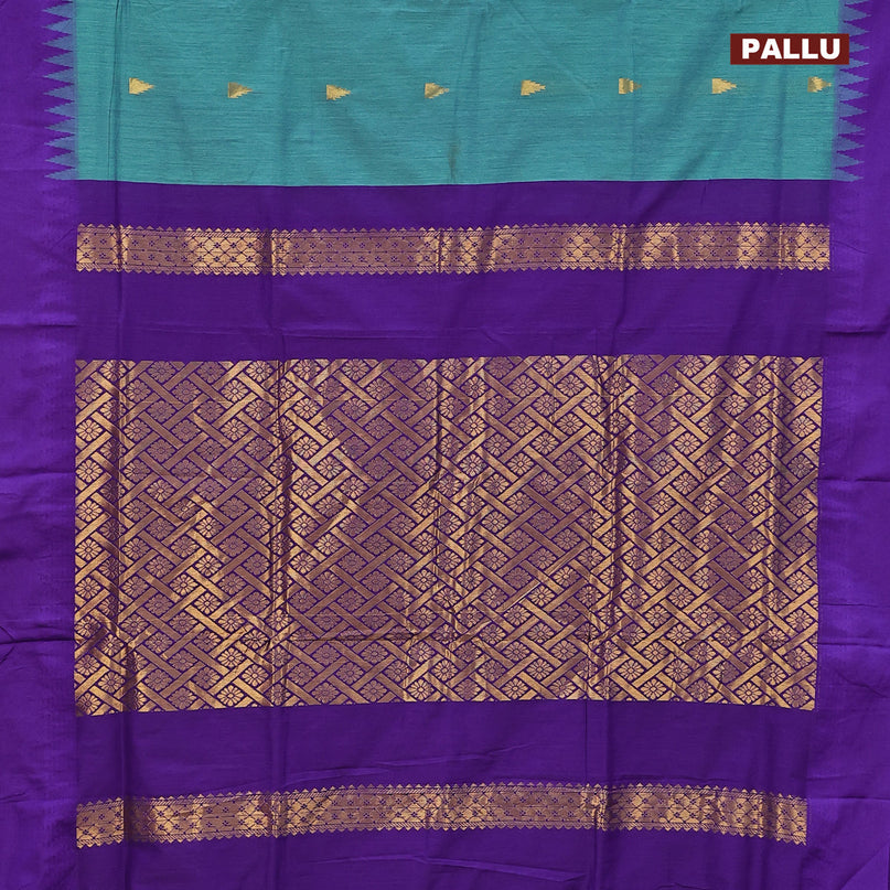 Kalyani cotton saree dual shade of teal blue and violet with temple zari woven buttas and temple woven simple border