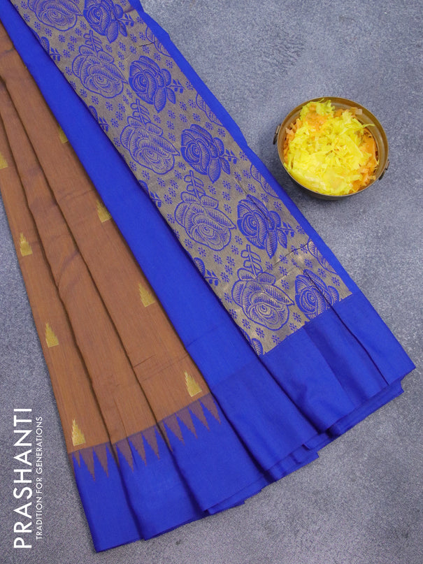 Kalyani cotton saree dual shade of mustard and blue with temple zari woven buttas and temple woven simple border