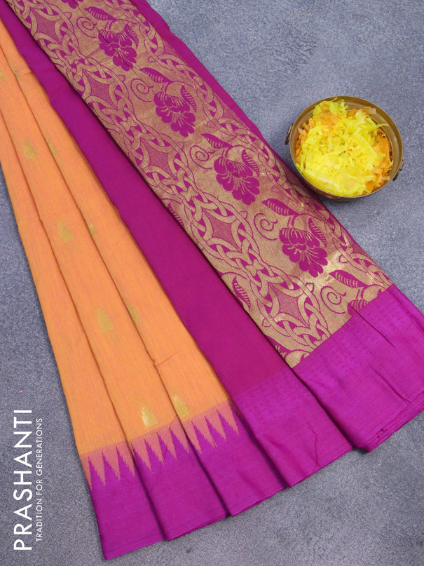 Kalyani cotton saree yellowish orange and purple with temple zari woven buttas and temple woven simple border
