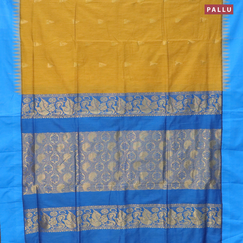 Kalyani cotton saree mustard shade and cs blue with temple zari woven buttas and temple woven simple border