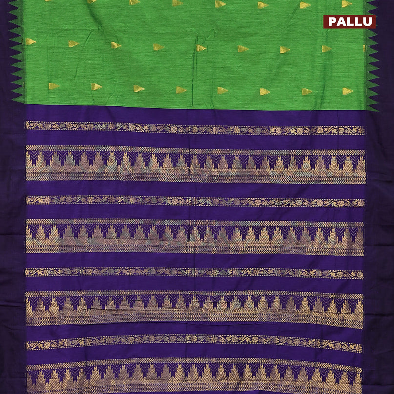Kalyani cotton saree green and navy blue with temple zari woven buttas and temple woven simple border