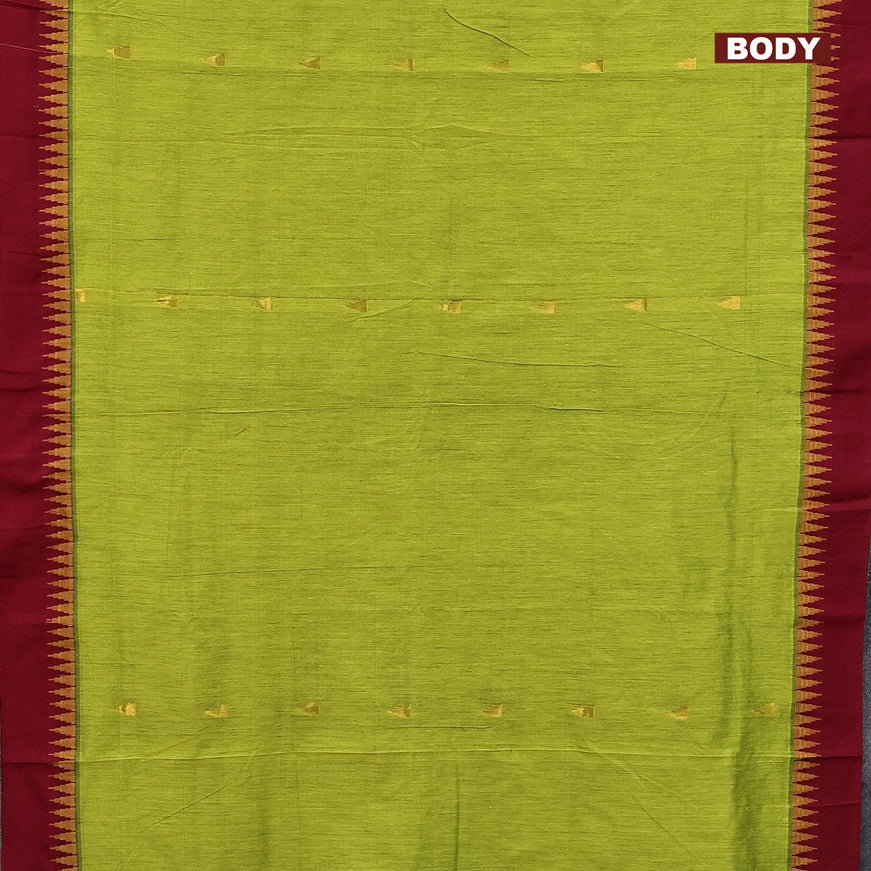 Kalyani cotton saree light green and maroon with temple zari woven buttas and temple woven simple border