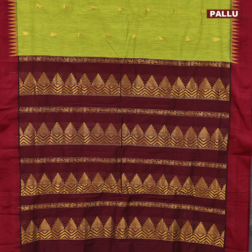 Kalyani cotton saree light green and maroon with temple zari woven buttas and temple woven simple border