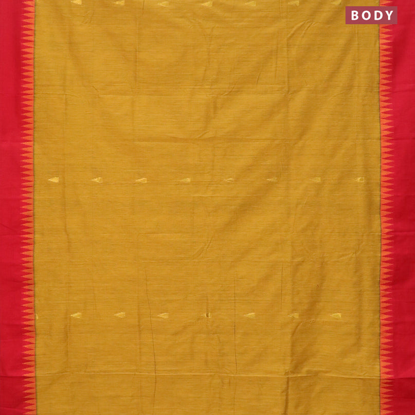 Kalyani cotton saree mustard yellow and red with temple zari woven buttas and temple woven simple border