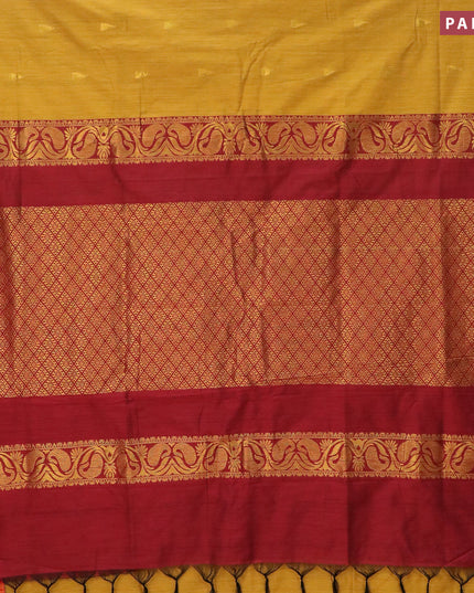 Kalyani cotton saree mustard yellow and red with temple zari woven buttas and temple woven simple border