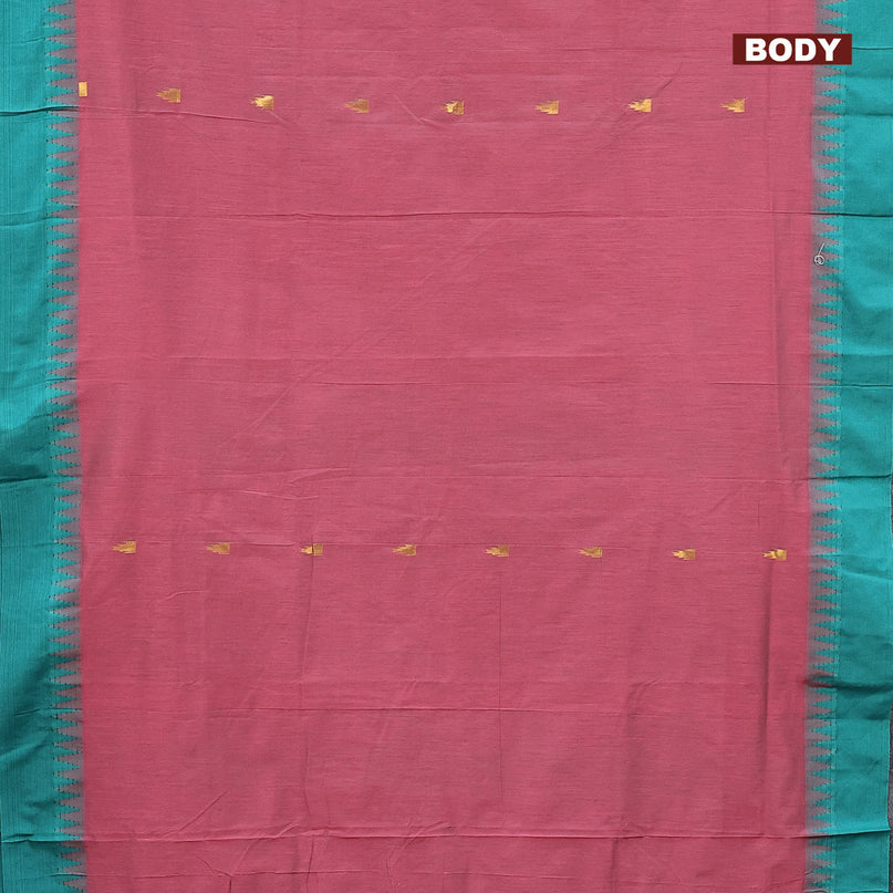 Kalyani cotton saree pink shade and teal green with temple zari woven buttas and temple woven simple border