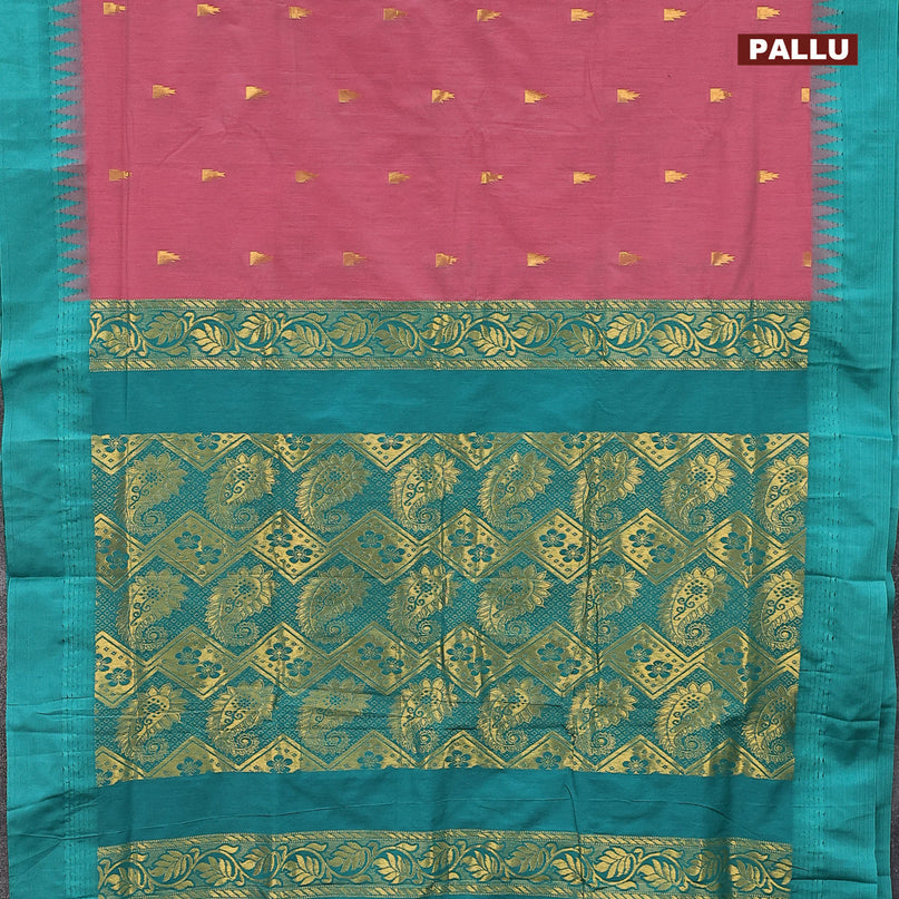 Kalyani cotton saree pink shade and teal green with temple zari woven buttas and temple woven simple border