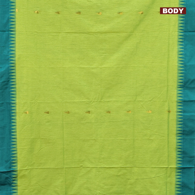 Kalyani cotton saree fluorescent green and teal green with temple zari woven buttas and temple woven simple border