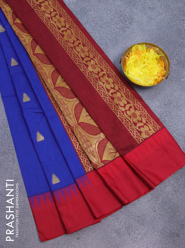 Kalyani cotton saree blue and red with temple zari woven buttas and temple woven simple border