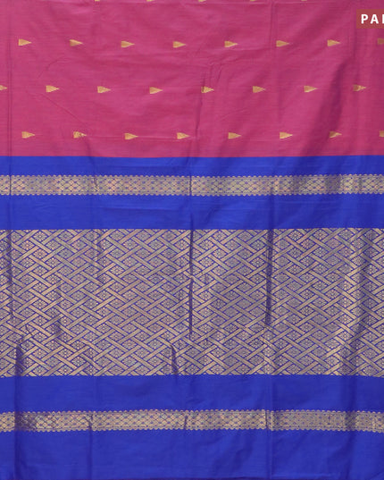 Kalyani cotton saree dual shade of pink and blue with temple zari woven buttas and temple woven simple border