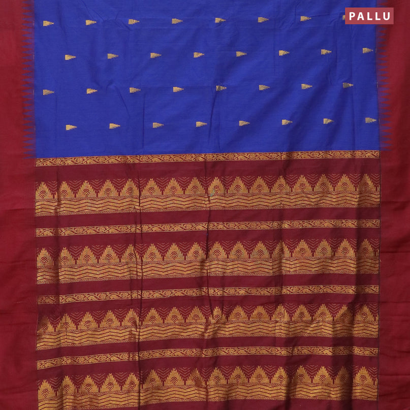 Kalyani cotton saree blue and maroon with temple zari woven buttas and temple woven simple border