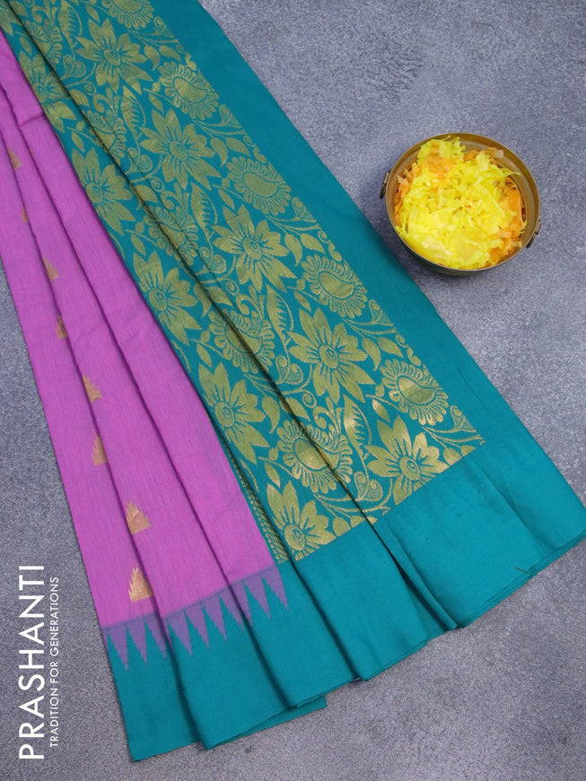 Kalyani cotton saree purple and teal green with temple zari woven buttas and temple woven simple border