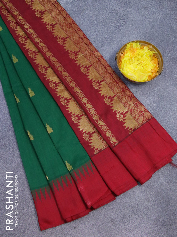 Kalyani cotton saree green and maroon with temple zari woven buttas and temple woven simple border