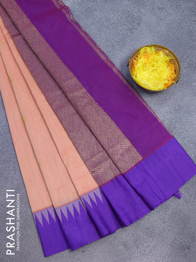 Kalyani cotton saree peach shade and violet with temple zari woven buttas and temple woven simple border